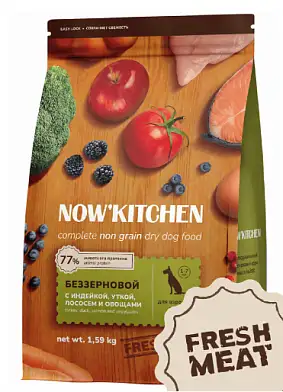 NOW’ Kitchen Grain Free сухой беззерновой корм для взрослых собак всех пород с индейкой, уткой, лососем и овощами