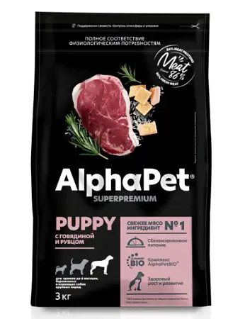 Купить alphapet superpremium puppy сухой корм для щенков крупных пород с говядиной и рубцом