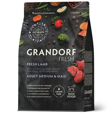 Grandorf FRESH сухой беззерновой корм для взрослых собак средних и крупных пород с живыми пробиотиками, ягненок с бататом